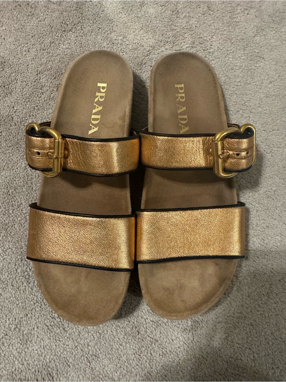 Prada Gold Metallic Double-Strap Slide Sandals